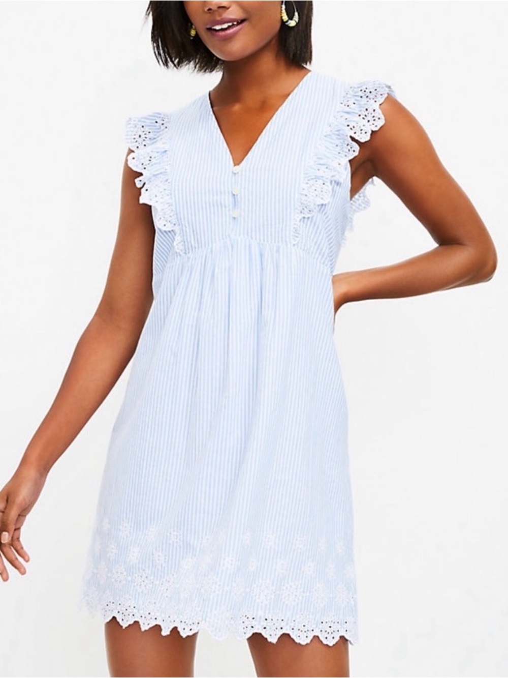 LOFT Light Blue Striped Eyelet Mini Dress Size Medium Petite
